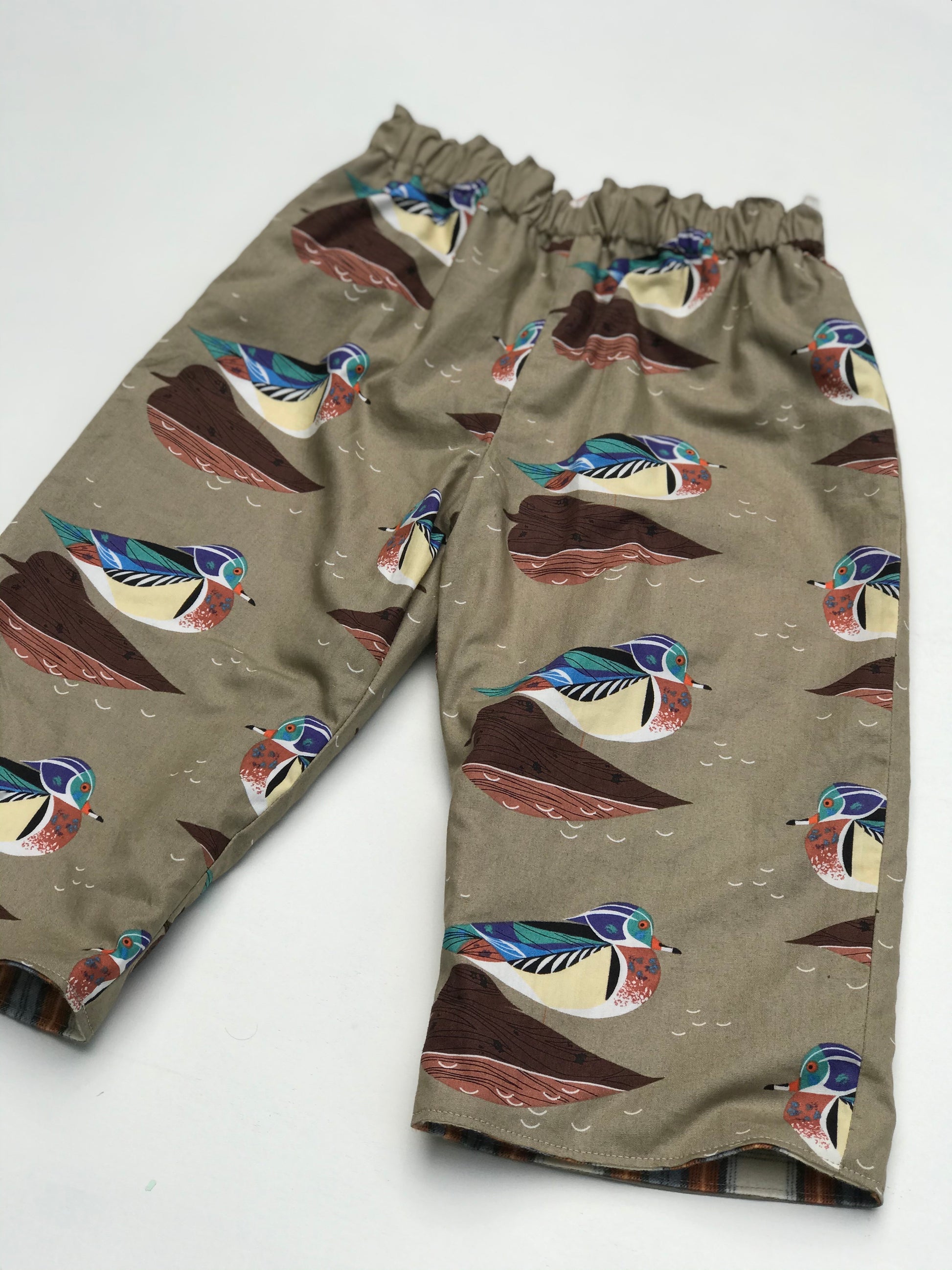 reversible flannel pants in Charley Harper wood duck - little girl Pearl