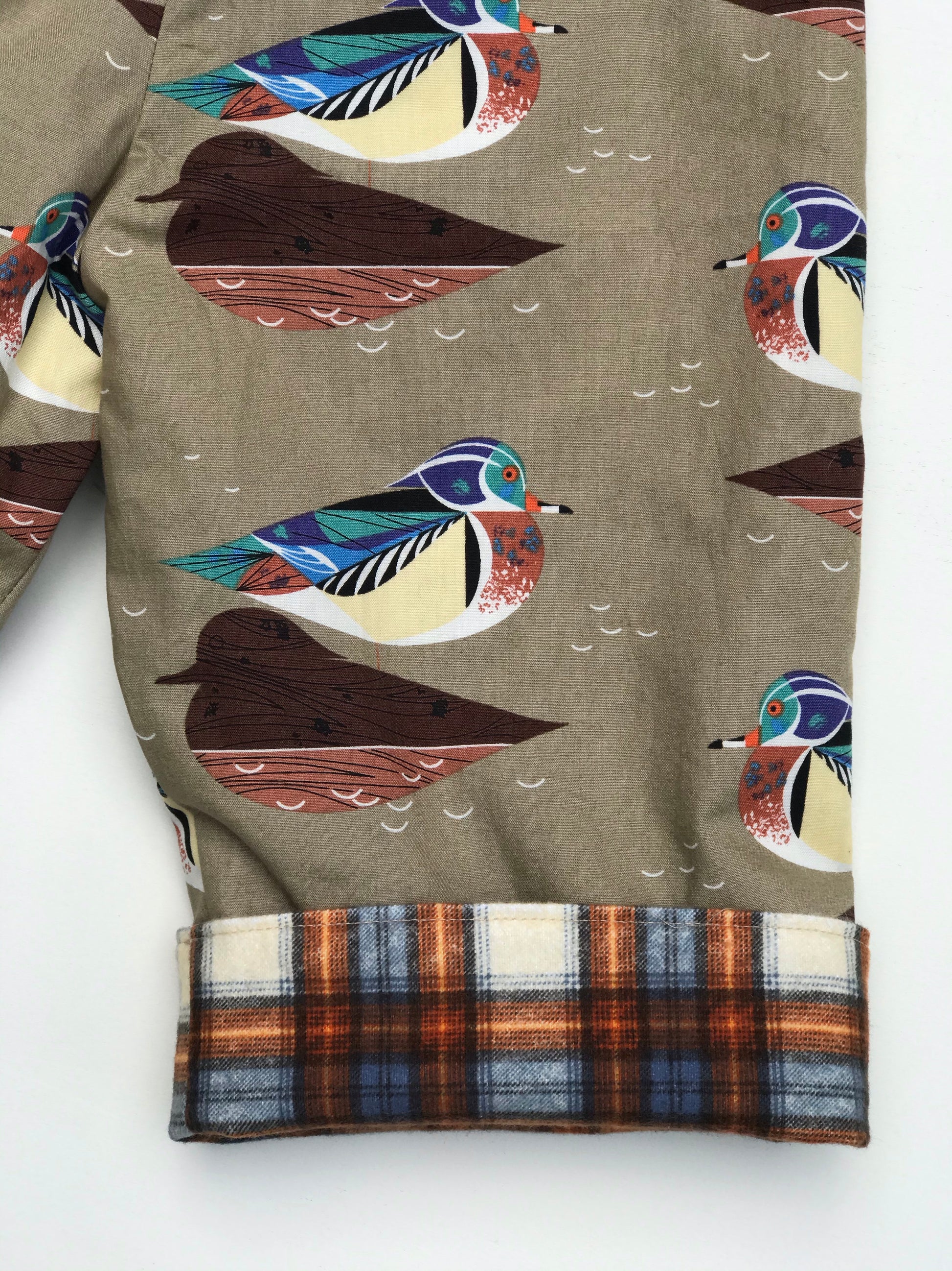 reversible flannel pants in Charley Harper wood duck - little girl Pearl