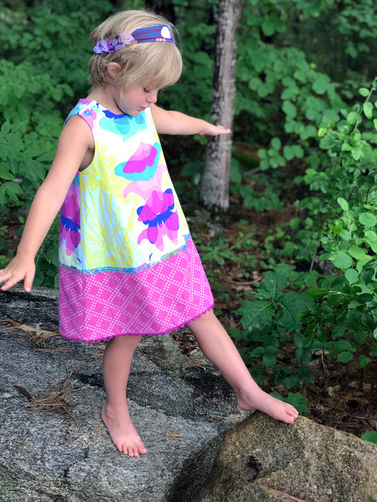 reversible pattern block dress in aqua ghost nouveau - little girl Pearl