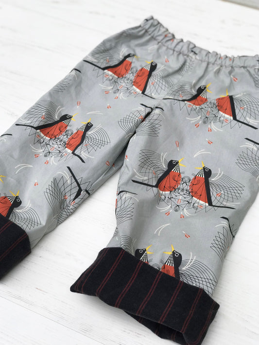 reversible pants in charley harper robins - little girl Pearl