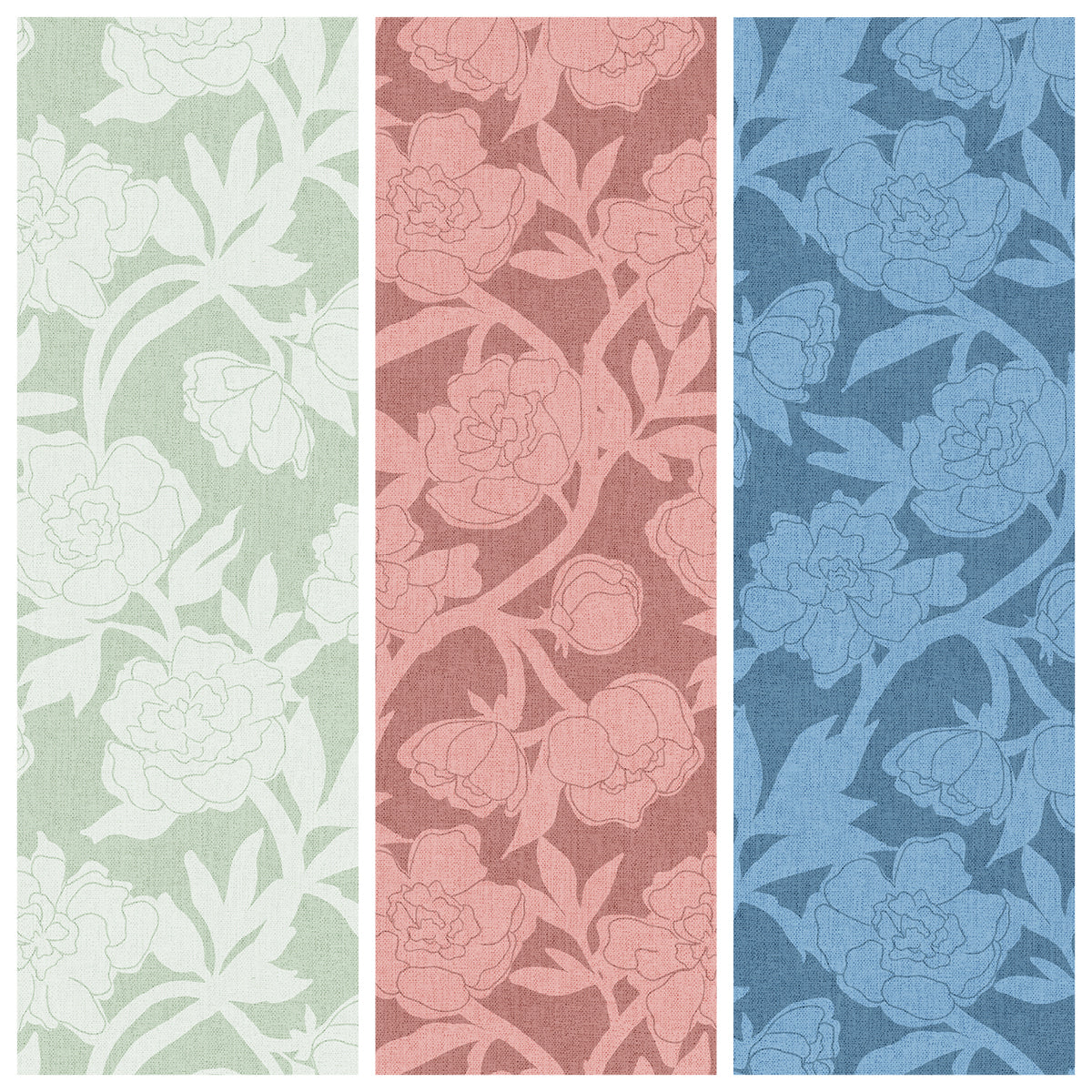 Three columns with a peony print in three different colors, a green, dusty rose, and teal blue.