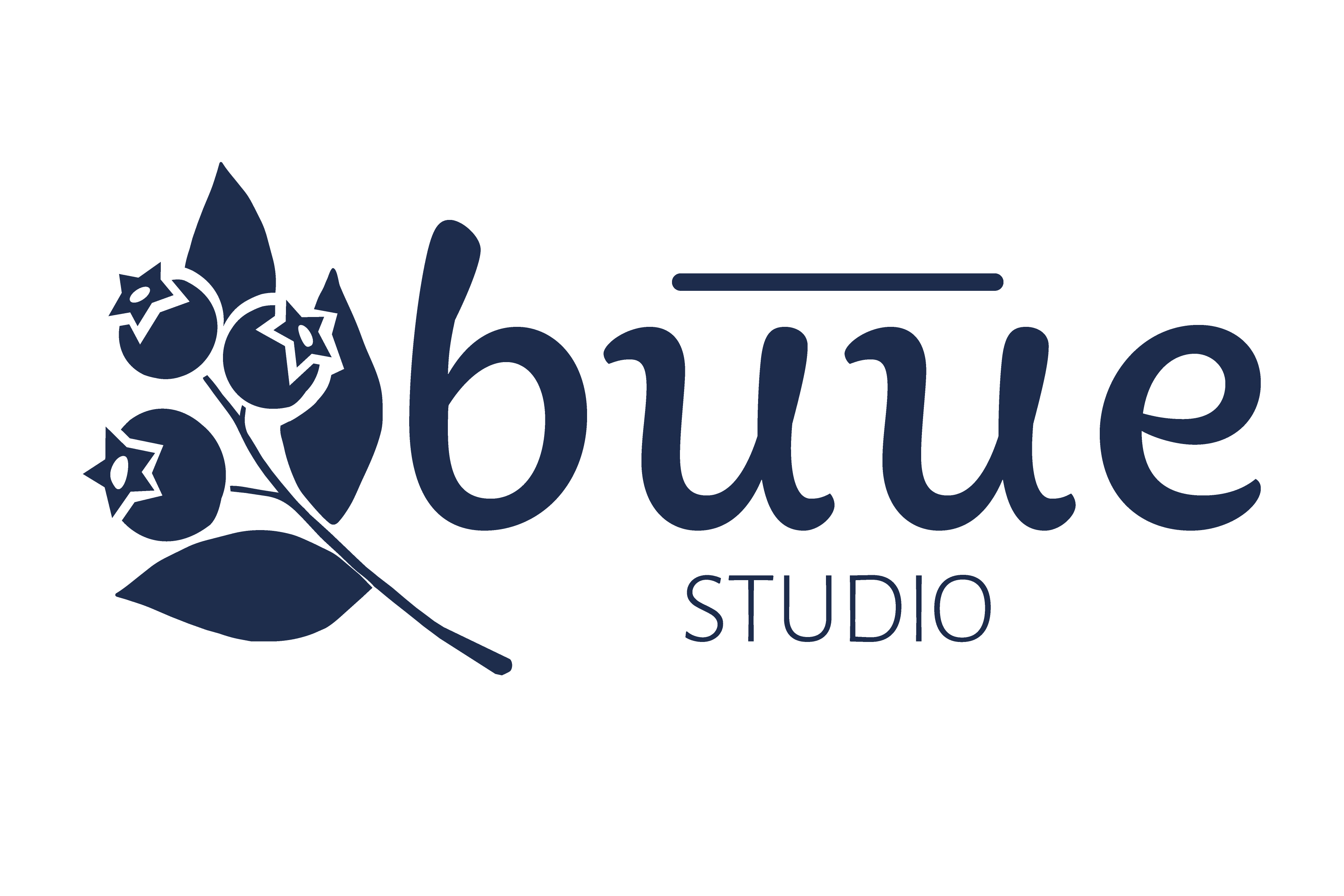 A dark navy blue logo featuring stylized berry leaves on the left and the word 'buue' with 'STUDIO' underneath, on a plain white background.