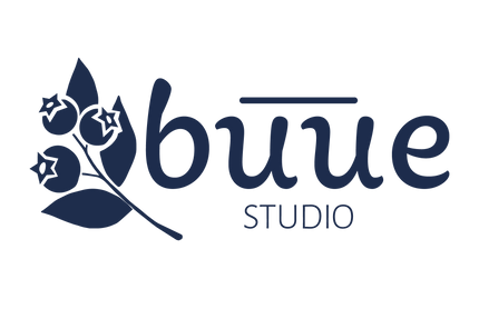 A dark navy blue logo featuring stylized berry leaves on the left and the word 'buue' with 'STUDIO' underneath, on a plain white background.
