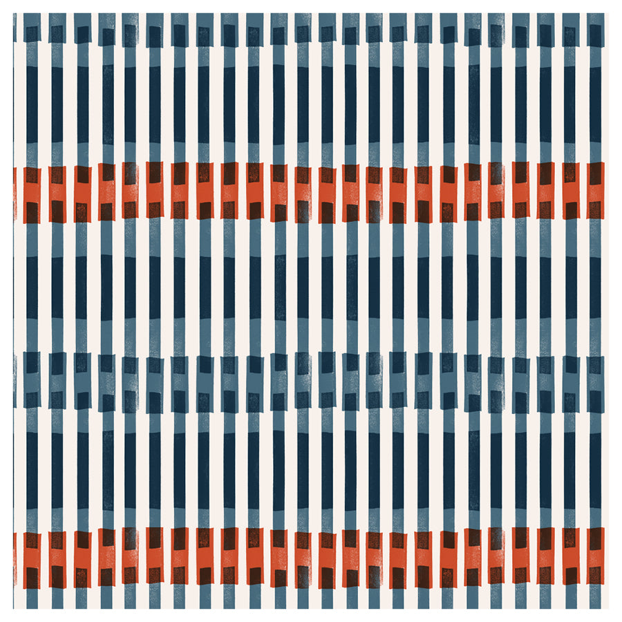 Patterned textile with block printed overlapping vertical stripes in blue, white, and orange.