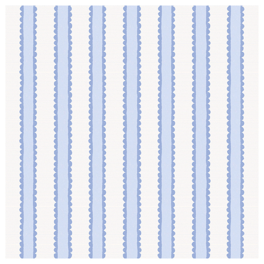 Pattern of blue vertical stripes with hand drawn scalloped edges on a white background