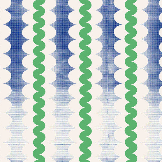 rickrack wavy stripe set on top of scalloped ovals on a royal blue grid of tiny squares.