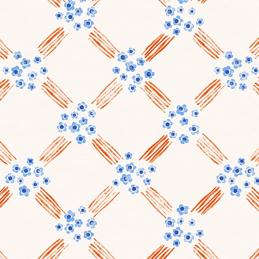 Pattern with blue floral shapes and orange diagonal lines on a white background
