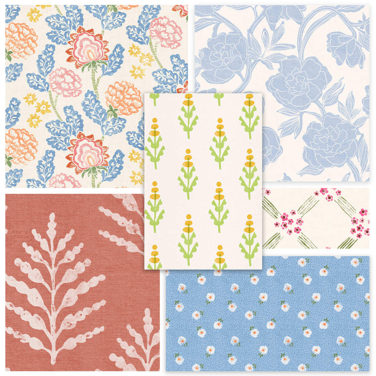 Collection of various floral and nature-themed patterns in different colors.