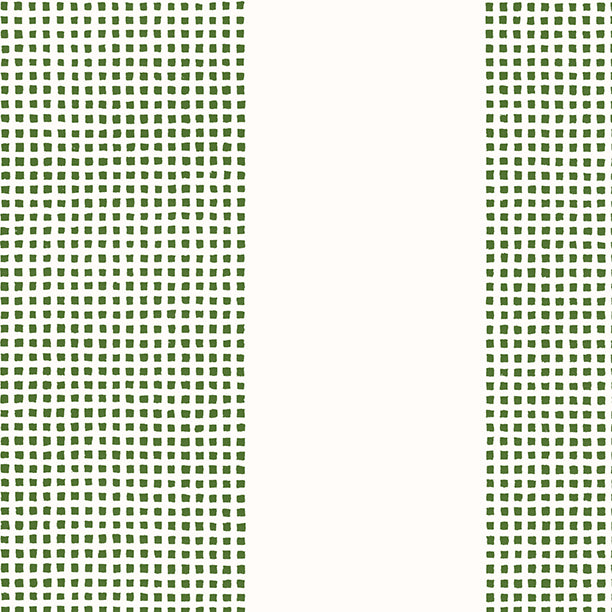 A flat-lay view of a fabric or wallpaper pattern featuring a dense grid of small green squares on a white background, with two vertical panels of the pattern flanking a blank white center.