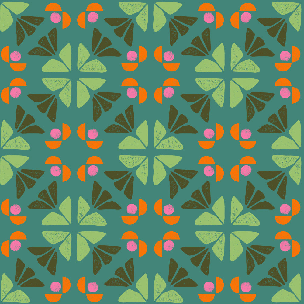 A repeating mid-century modern geometric pattern featuring stylized floral motifs in green, orange, pink, and olive on a teal background.