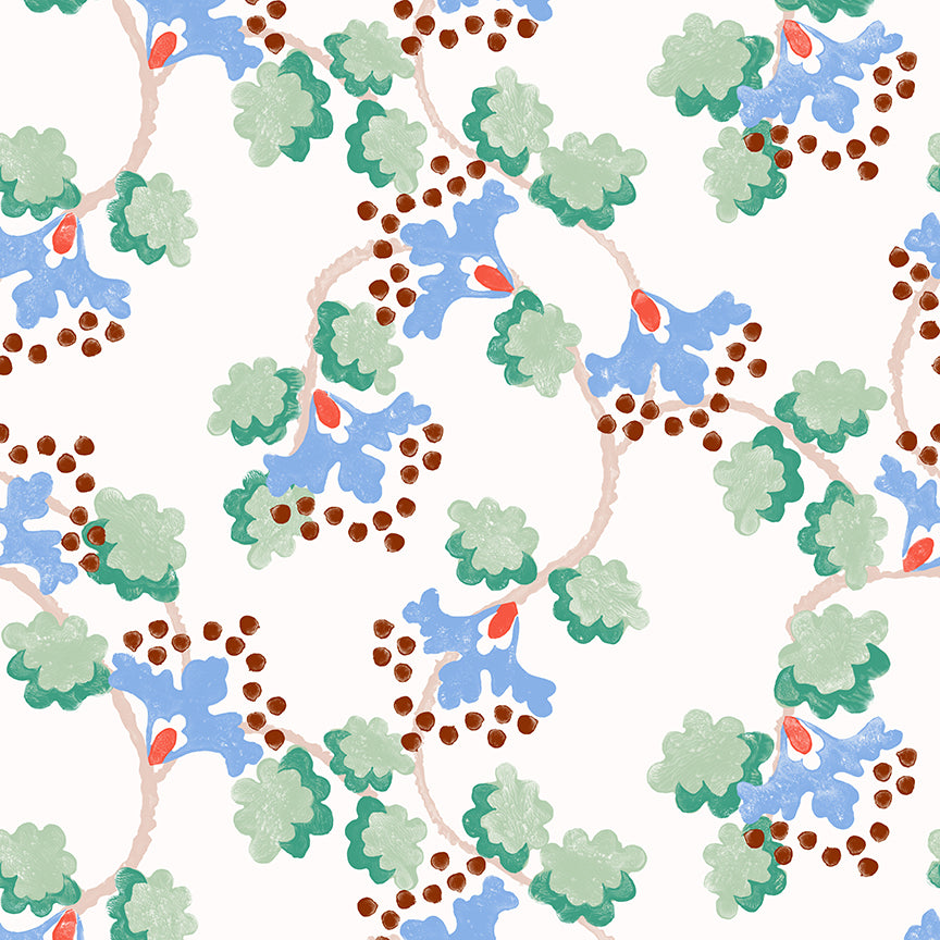 A repeating botanical pattern featuring light blue and green leaves, brown berry clusters, and pale peach stems on a warm off-white background.