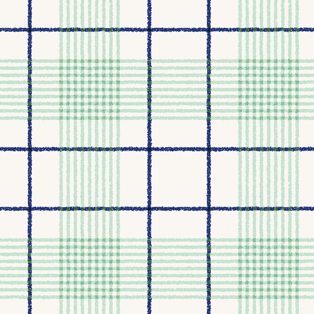 A close-up of a plaid fabric pattern with a white background, green checkered squares, and thick blue grid lines.