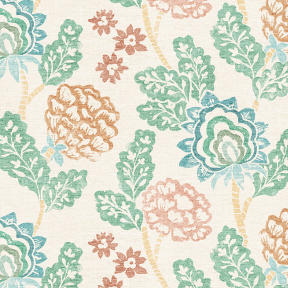 Patterned fabric with floral and leaf designs in pastel colors on a light background