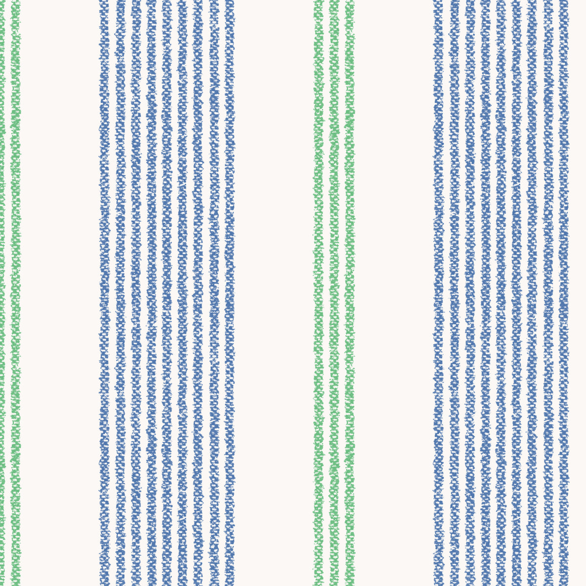 A close-up of a fabric or material pattern featuring vertical stripes of green and blue with a woven texture on small blue  off-white background.