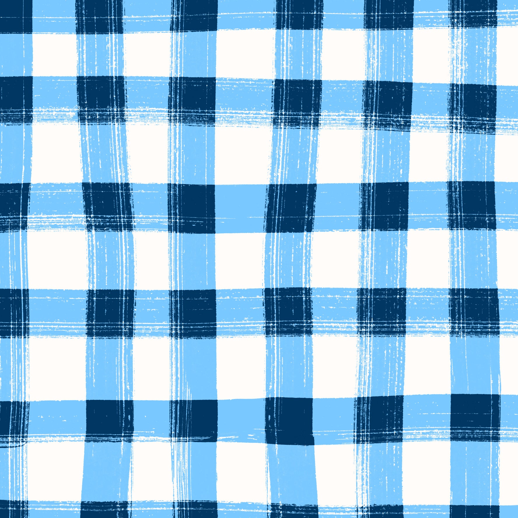 A close-up of a blue and white gingham plaid pattern with a textured, brushstroke finish.