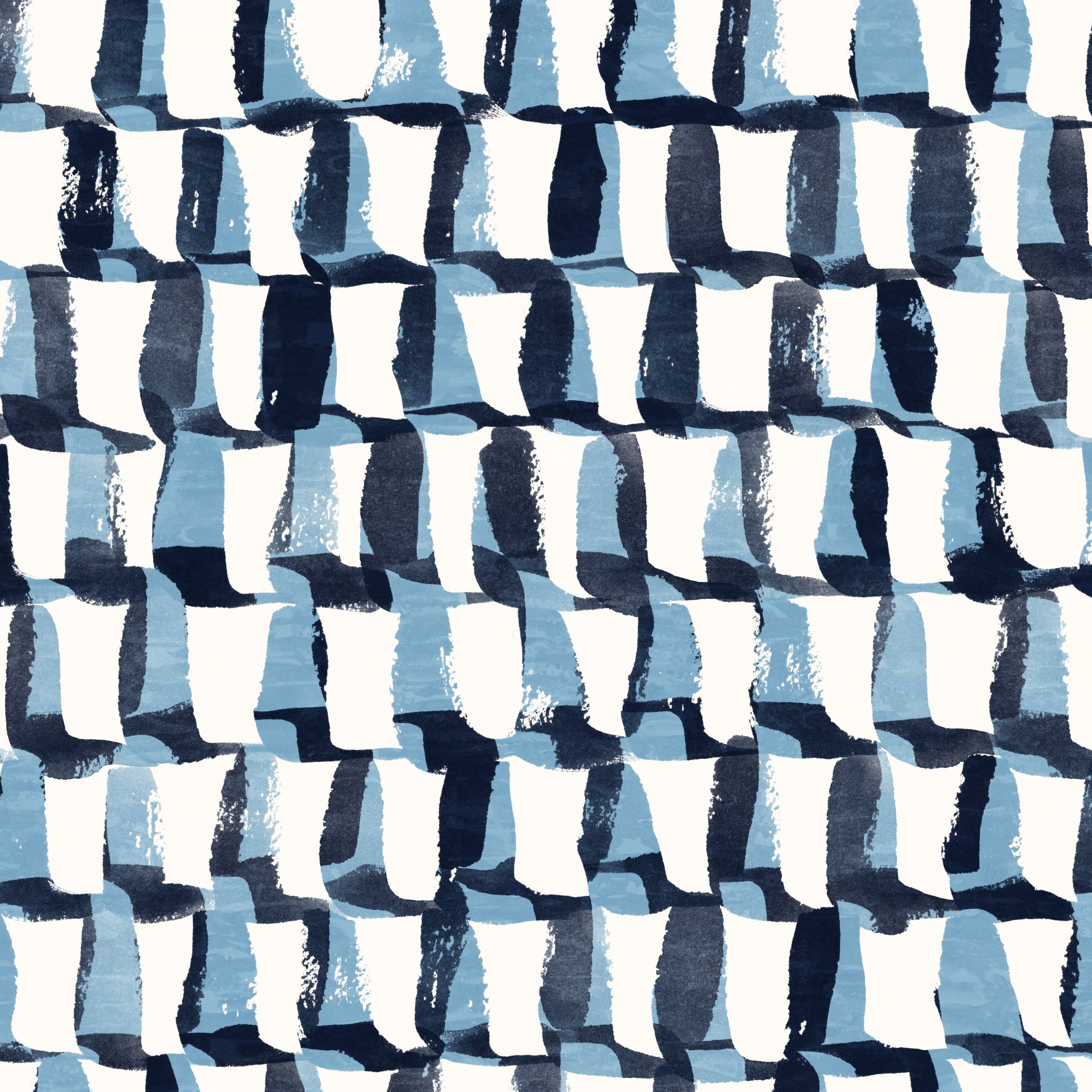 A repeating abstract pattern of stacked rectangular blocks in white, light blue, and dark navy, with a hand-painted or brushstroke texture.