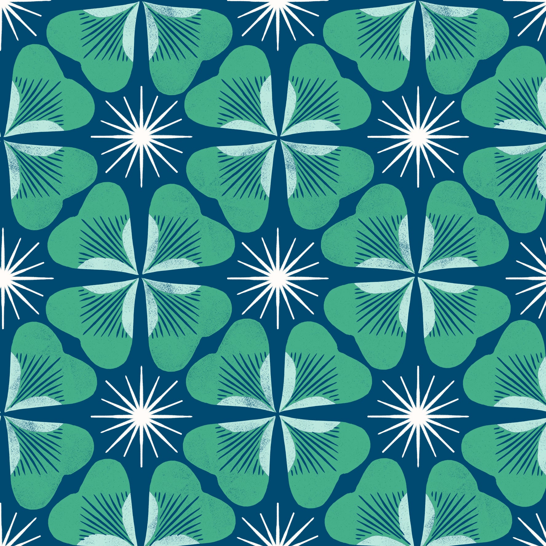 A repeating mid-century modern pattern featuring green four-leaf clover shapes and white starburst motifs on a dark blue background.