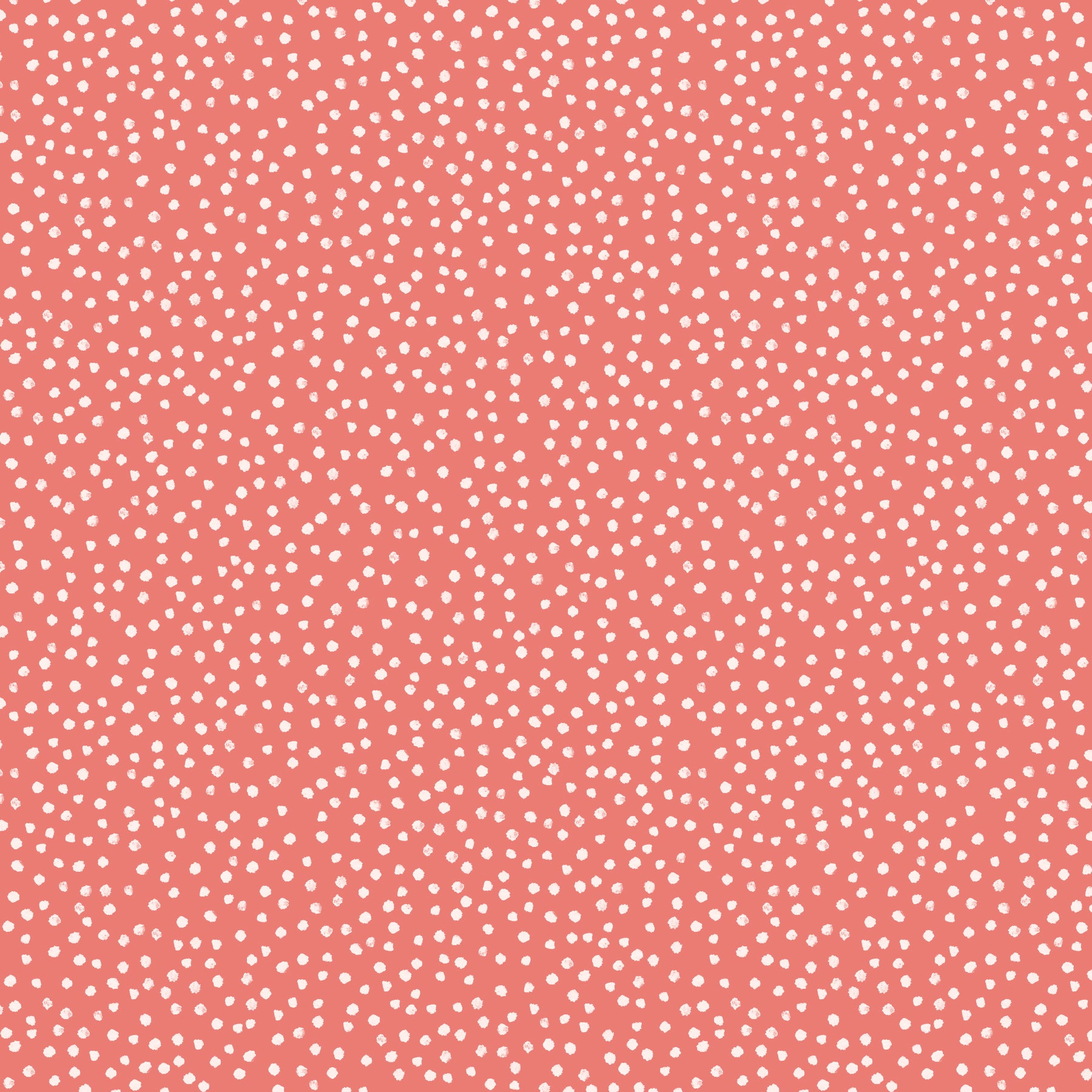 A repeating pattern of small white polka dots on a soft coral pink background.