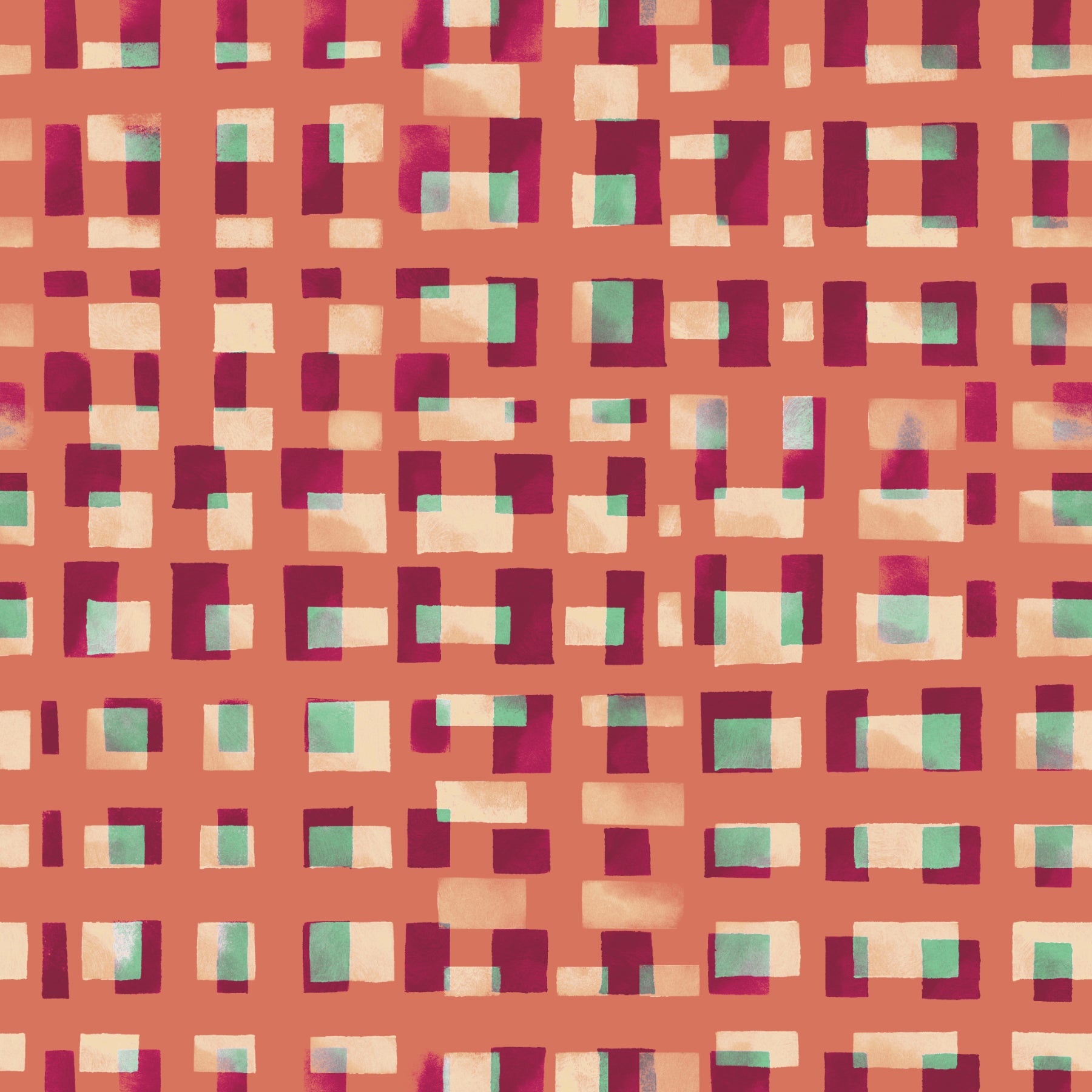 A repeating geometric pattern featuring intersecting horizontal and vertical bands in terracotta, deep magenta, cream, and mint green.