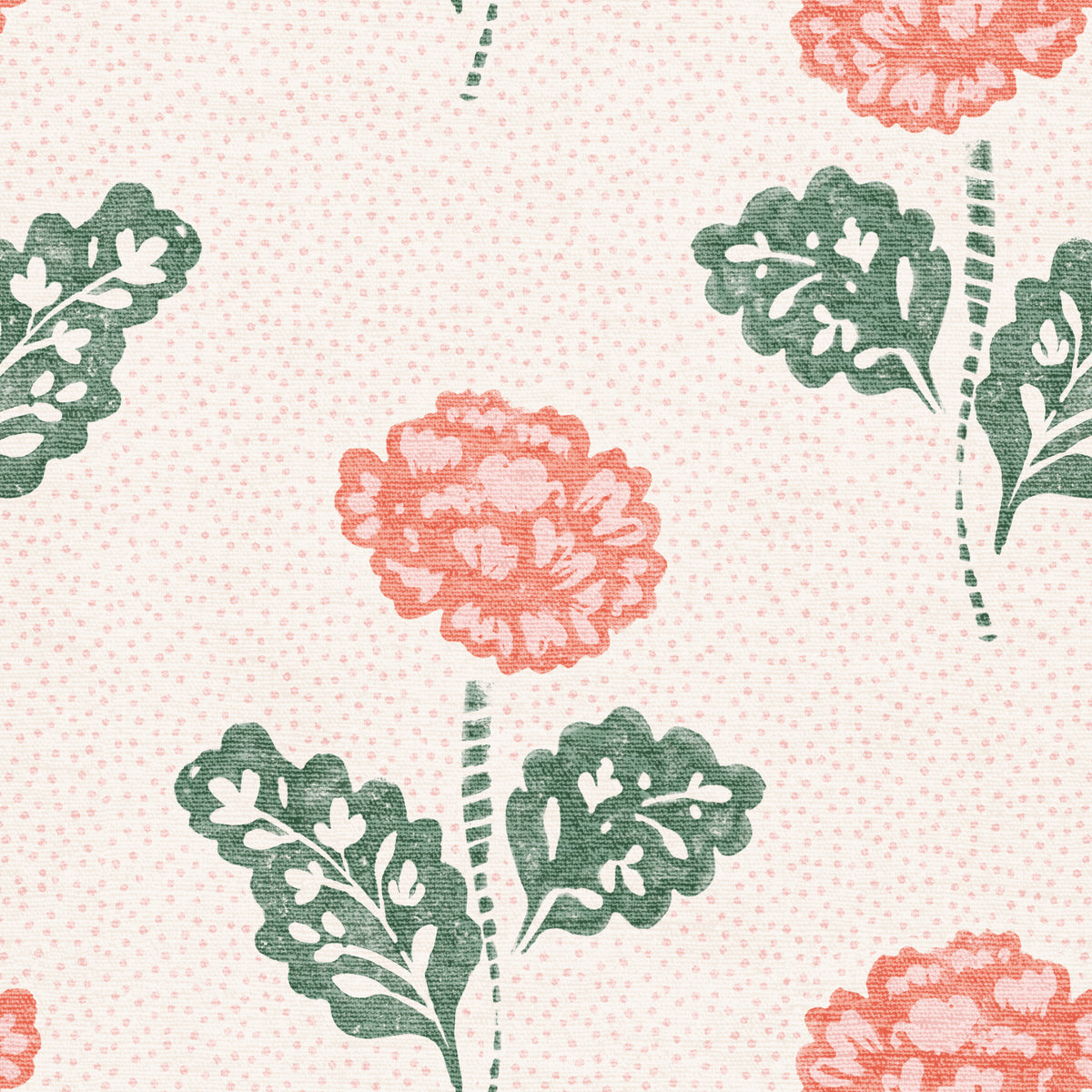 A repeating floral pattern on a light blush pink background with tiny dotted texture. The design features coral-pink flowers and dark green leaves with white leaf details.