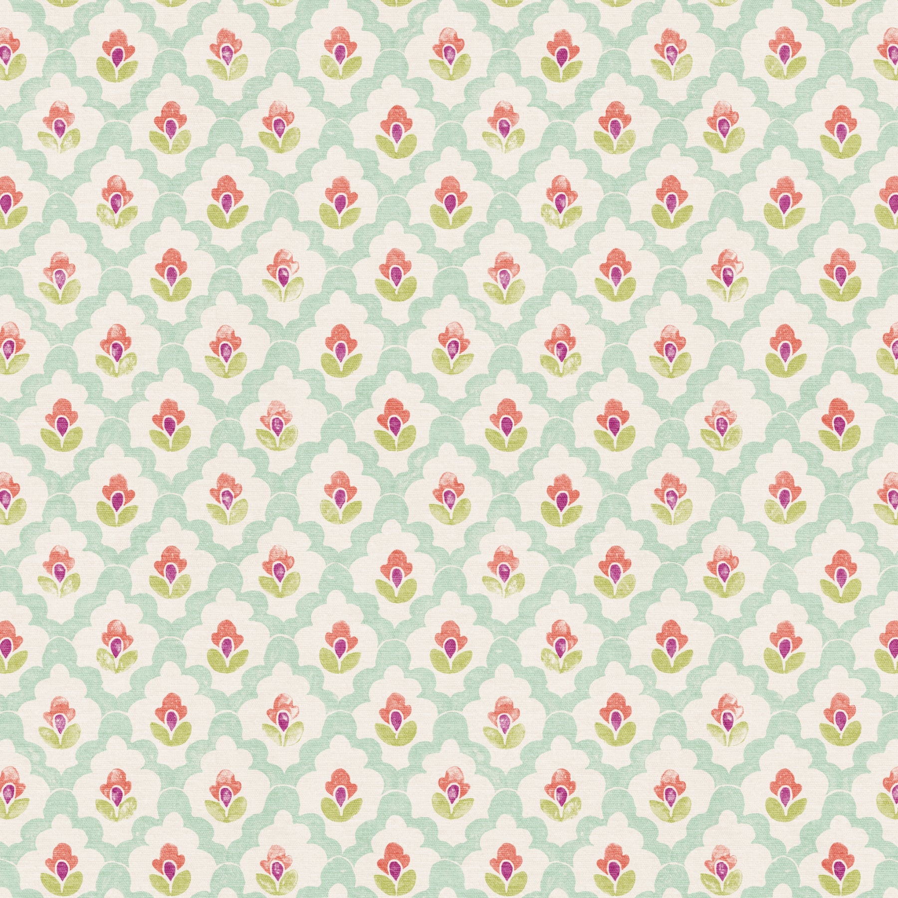 A repeating floral pattern with small pink and purple flowers and green leaves on a pale mint green and cream background.