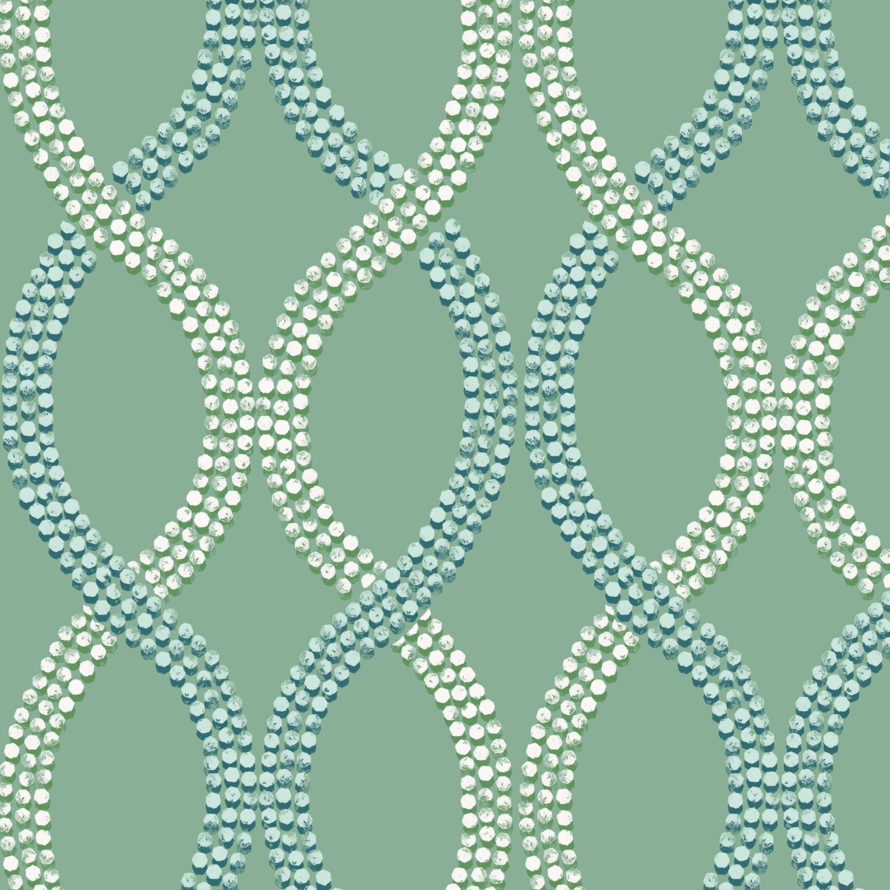 A repeating geometric pattern of interlocking oval shapes outlined with rows of small rhinestones, in pale aqua and white on a muted sage green background.