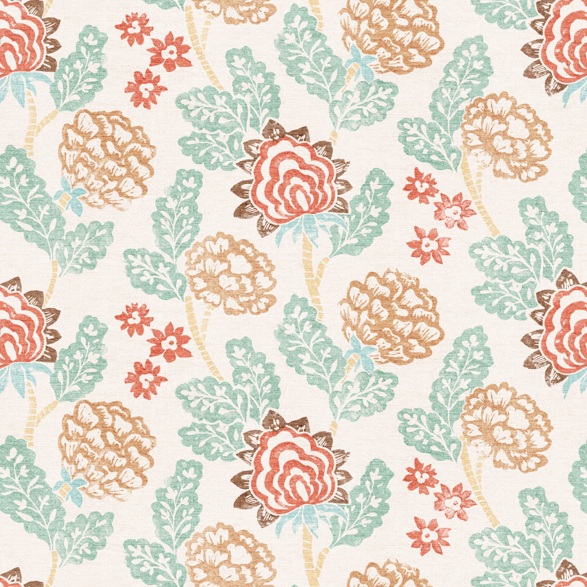 A repeating floral pattern on a warm off-white fabric background, featuring layered peach and rust flowers, muted green leaves, tan botanical shapes, and small coral blossoms.