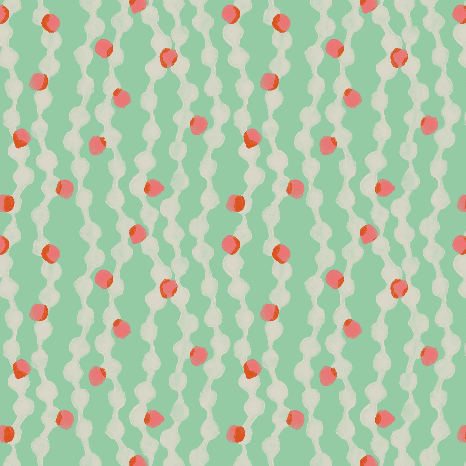 A repeating abstract pattern featuring vertical wavy lines in cream and mint green, interspersed with small coral-pink circles on a mint green background.