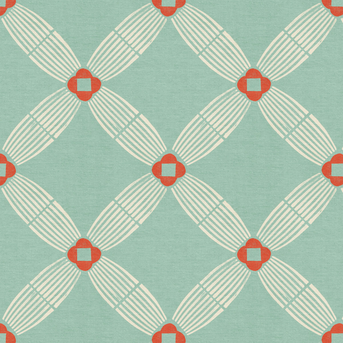 A repeating geometric pattern featuring cream ribbed oval shapes connected by diagonal lines on a light mint green background, with coral-red diamond centers.