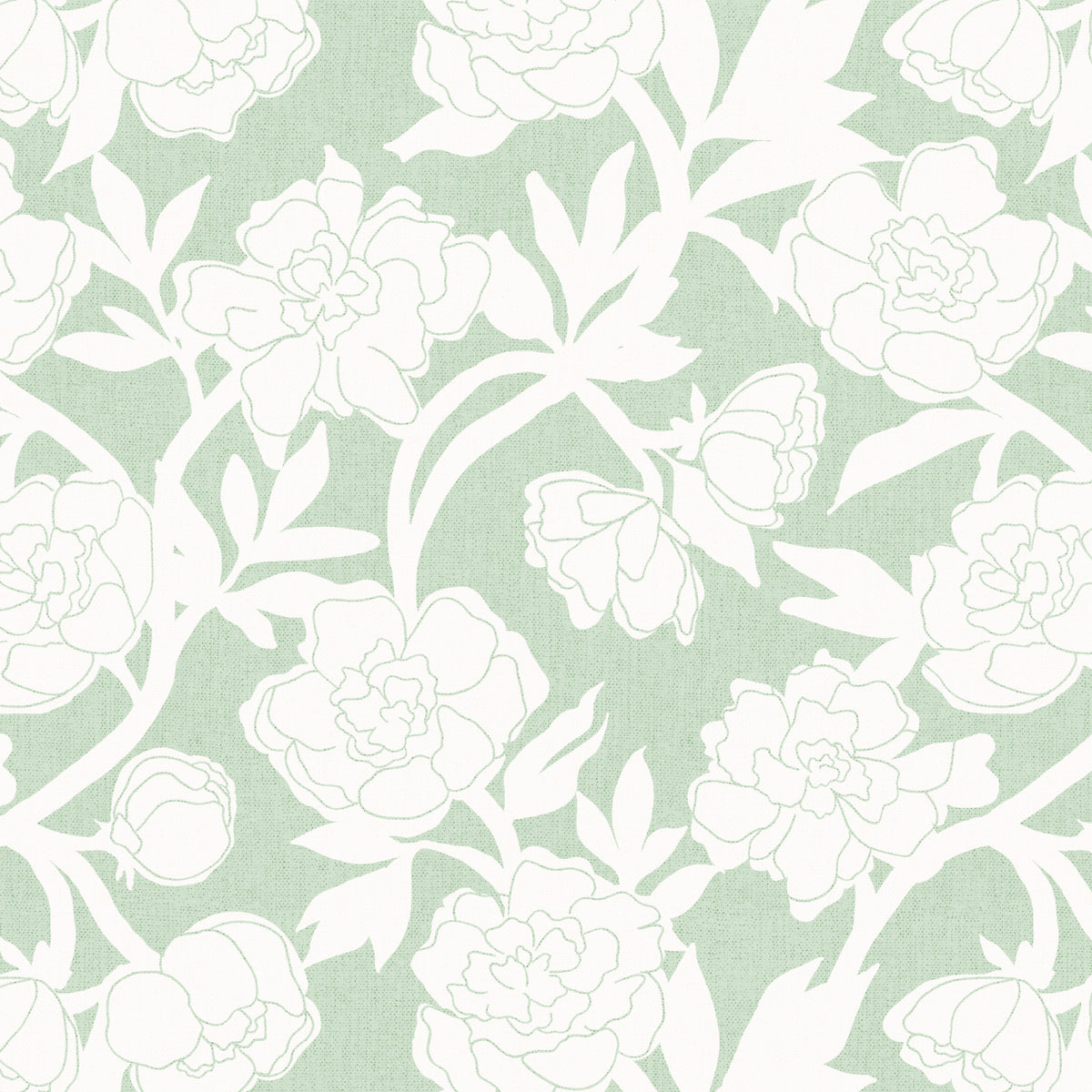 Repeating floral pattern of a silhouetted peony flower on a textured mint background.