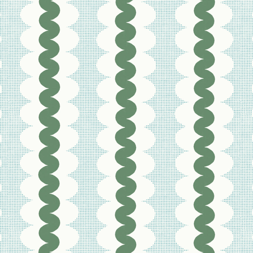 A repeating geometric pattern featuring vertical sage green wavy stripes over a white background with fine light blue dotted square motifs.