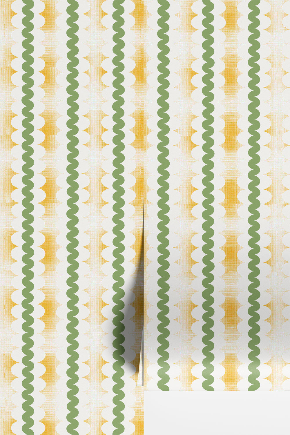 Striped wallpaper with a curvy stripe in olive green, on a stripe of white oval shapes, with a yellow square grid in the background. Shown as two wallpaper rolls on a wall.