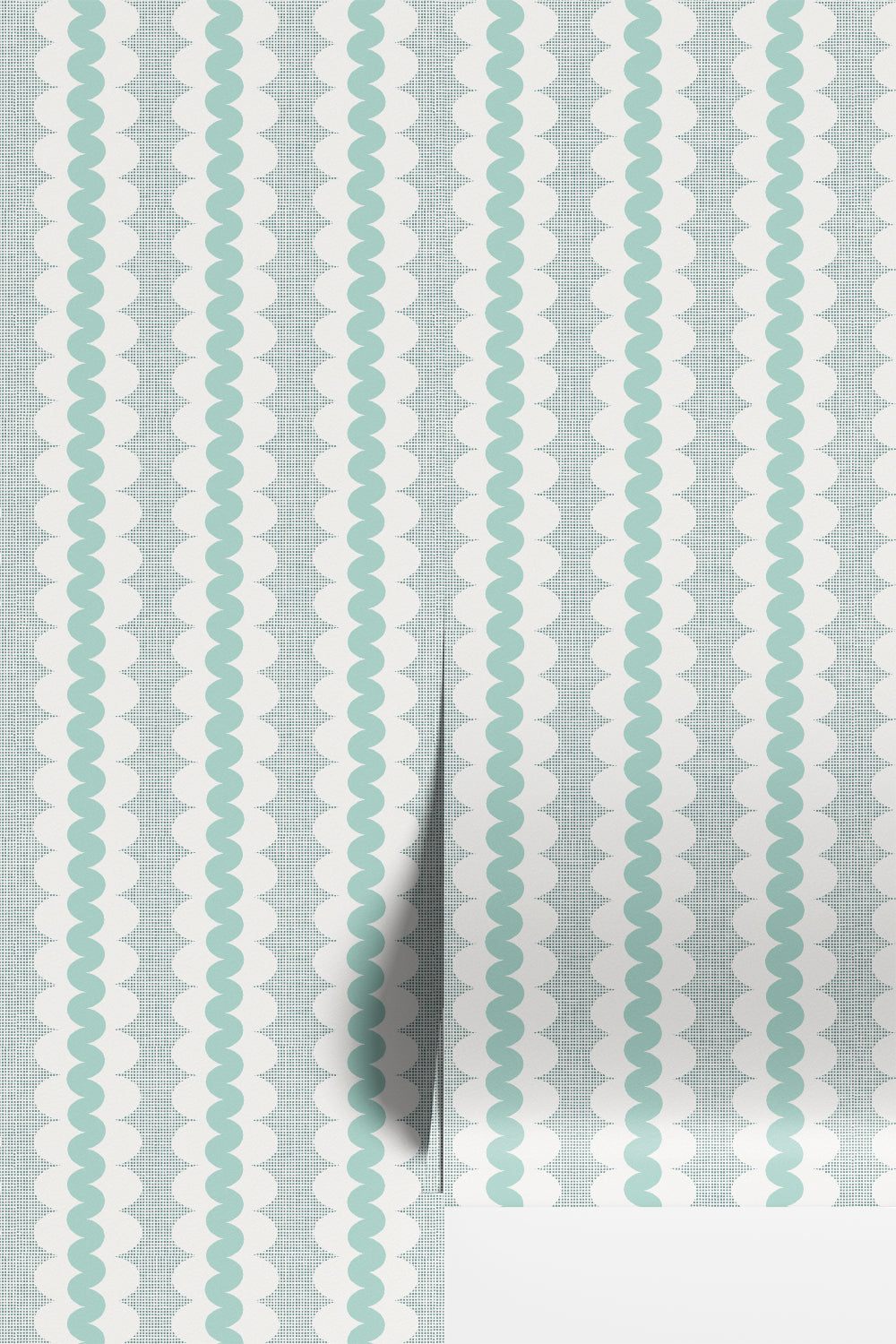 A close-up of wallpaper or fabric with a repeating vertical pattern of mint green wavy lines on a white background with a subtle light gray grid texture.