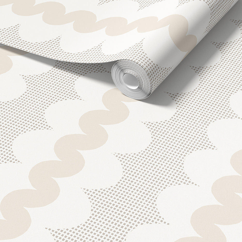 A roll of wallpaper partially unrolled, showing a repeating pattern of beige wavy lines and taupe square grid on a white background.