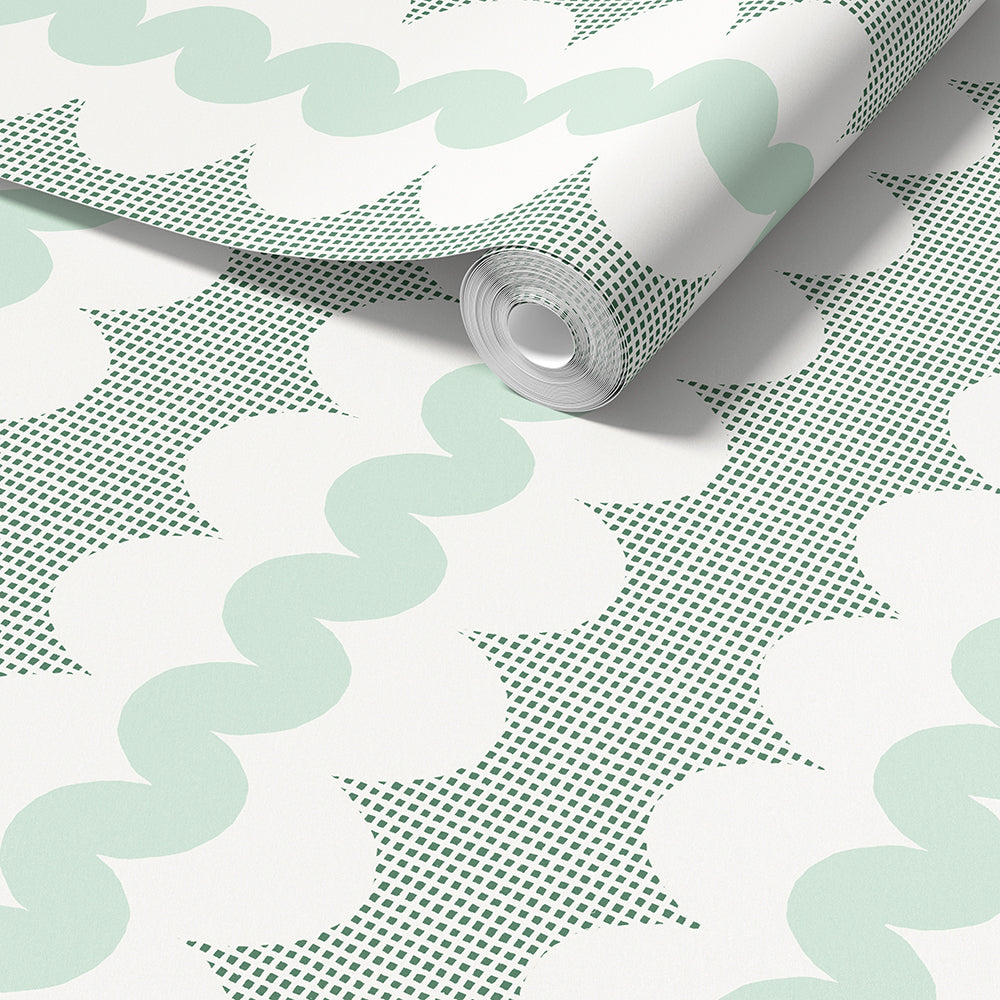 A roll of wallpaper with a retro pattern, partially unrolled to show the design. The pattern features mint green wavy lines and green square dots on a white background.