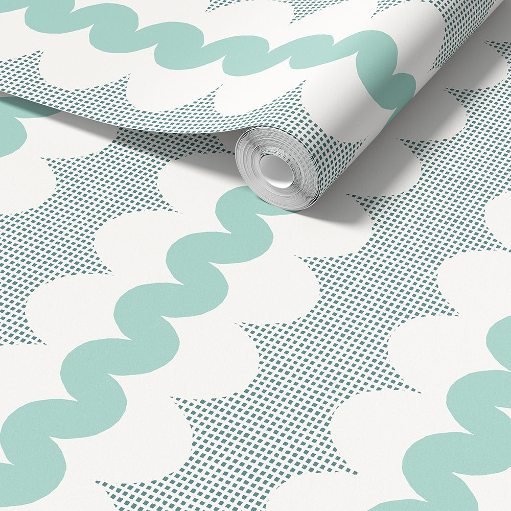 A roll of wallpaper with a repeating pattern of aqua green wavy lines over a white background with a fine teal halftone dot grid, shown partially unrolled.