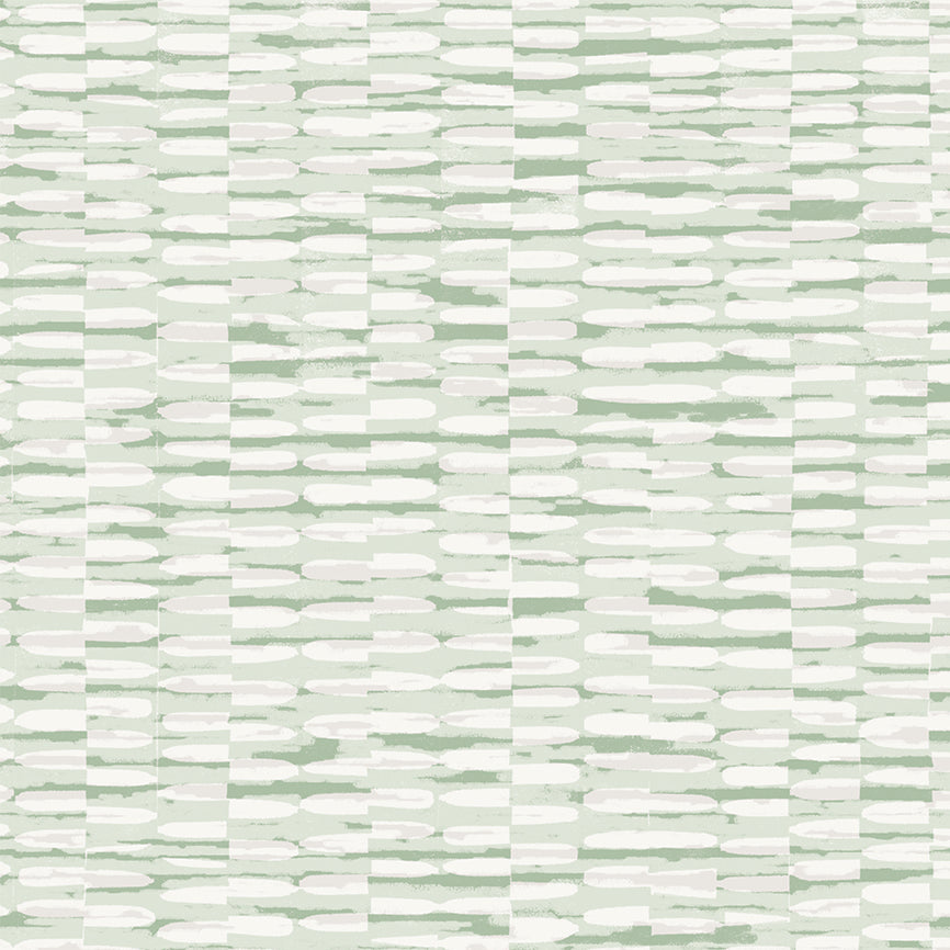 A close-up of a textured wallpaper featuring horizontal off-white brushstroke marks over a pale sage green background.