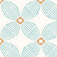 A repeating geometric pattern featuring mint green fan-like shapes radiating from tan and white flower-like centers on a white background.