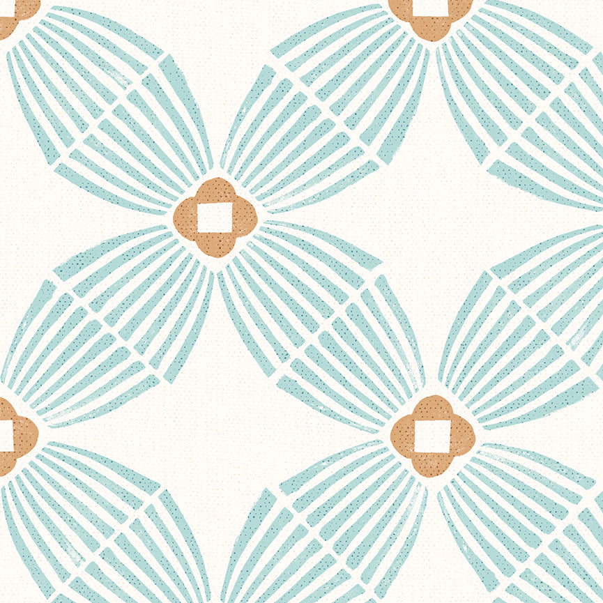 A repeating geometric pattern featuring mint green fan-like shapes radiating from tan and white flower-like centers on a white background.