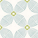 A repeating geometric pattern featuring mint green stylized floral or fan-like motifs with lime green centers on a white background.