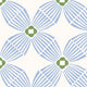 A repeating geometric pattern featuring light blue fan-like shapes radiating from green four-petal centers on a white background.