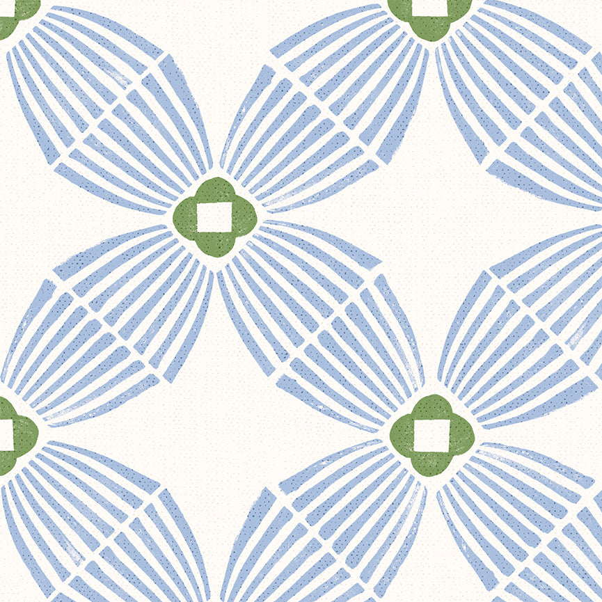 A repeating geometric pattern featuring light blue fan-like shapes radiating from green four-petal centers on a white background.
