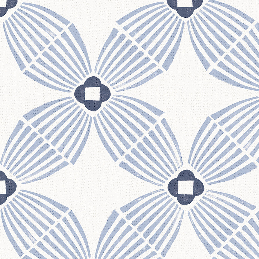 A repeating geometric pattern featuring four-pointed star-like motifs in light blue and dark blue on a white background.