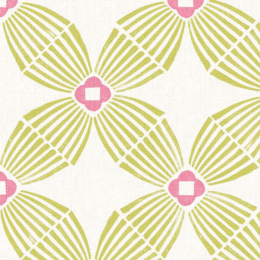 A repeating geometric floral pattern with bright lime green fan-like shapes radiating from pink flower centers on a white background.