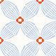 A repeating geometric pattern featuring light blue fan-like shapes radiating from orange-red flower-like centers on a white background.