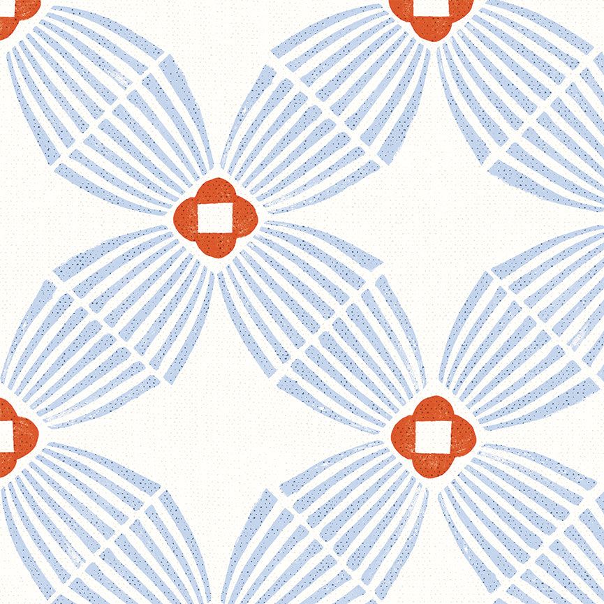 A repeating geometric pattern featuring light blue fan-like shapes radiating from orange-red flower-like centers on a white background.