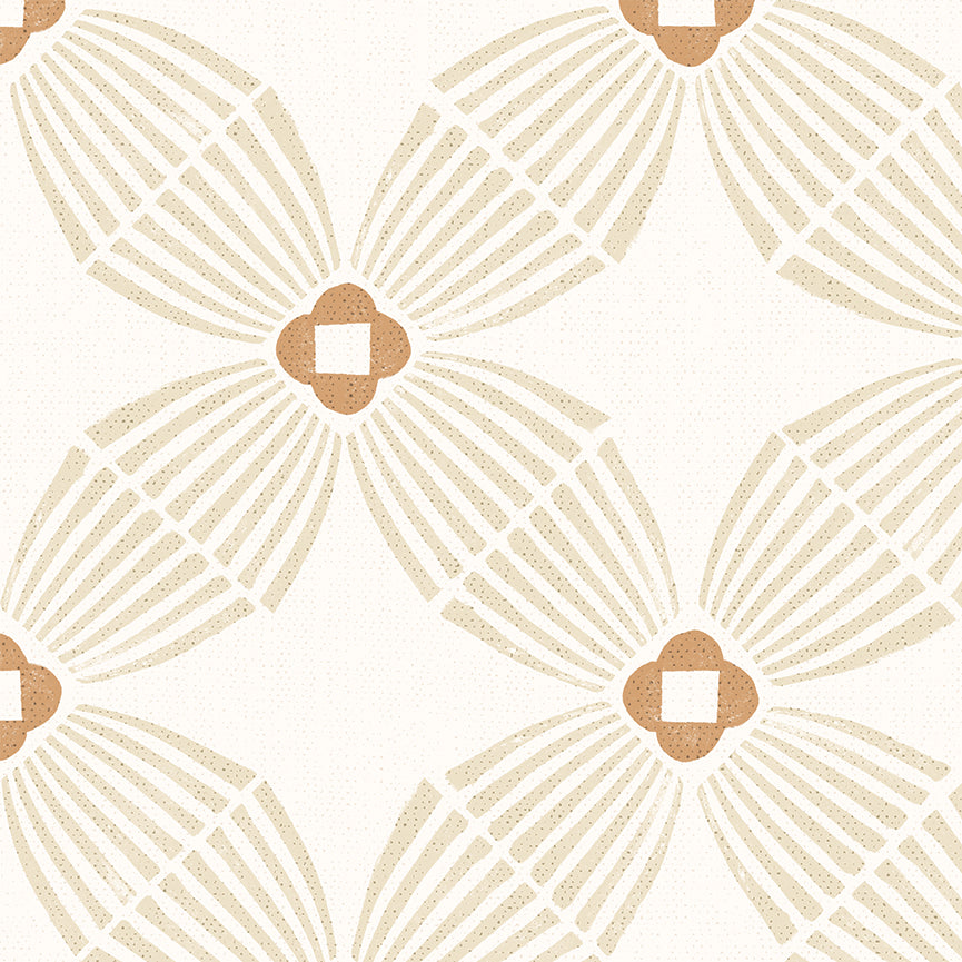 A repeating geometric pattern featuring stylized floral or fan-like motifs in warm beige and tan on an off-white background.