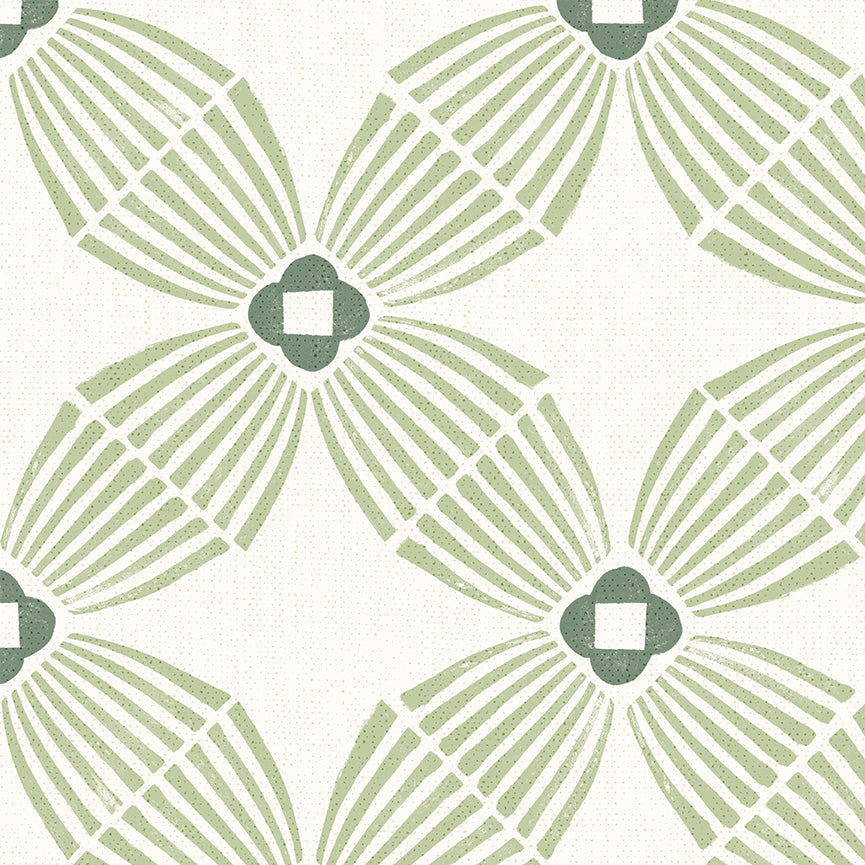 A repeating geometric pattern featuring four stylized flower-like motifs in light green and dark green on a warm off-white background.