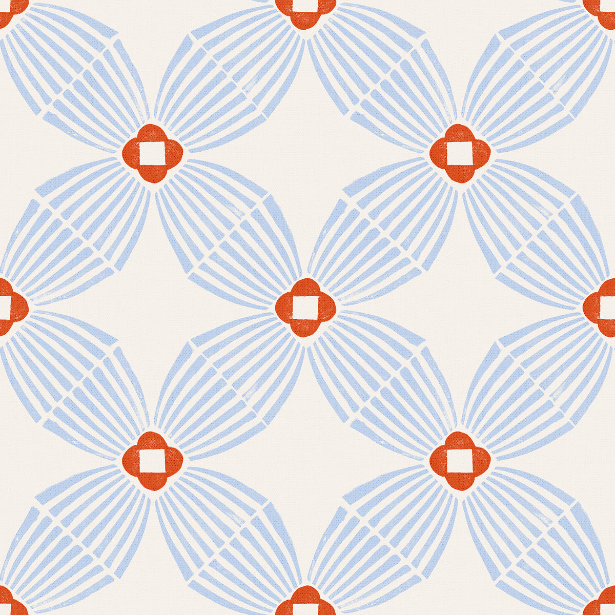 A repeating geometric pattern featuring stylized light blue flower-like shapes with orange centers on a warm off-white background.