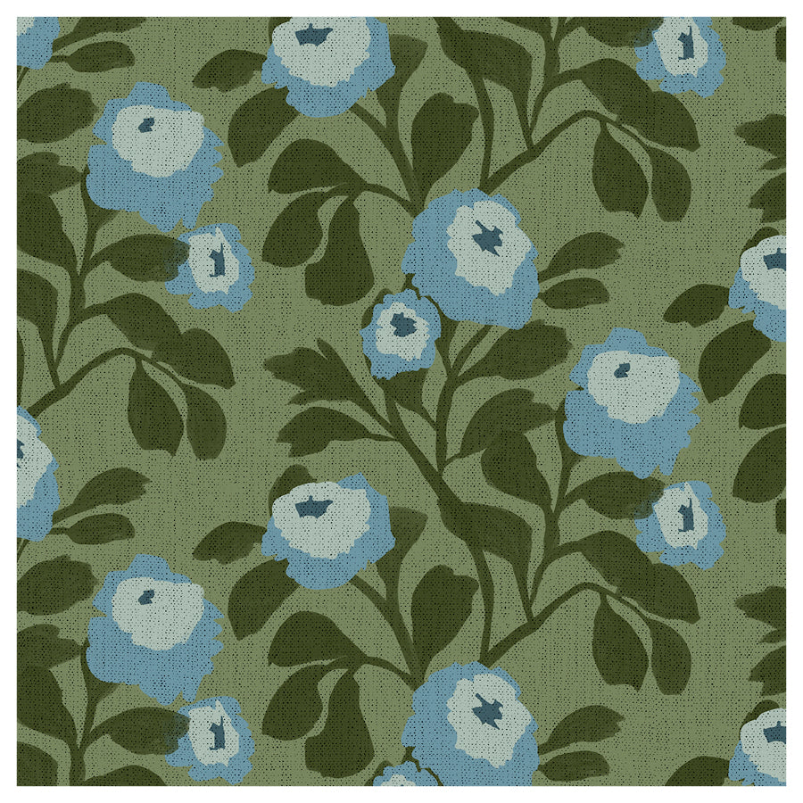 Floral pattern with blue flowers on a green background